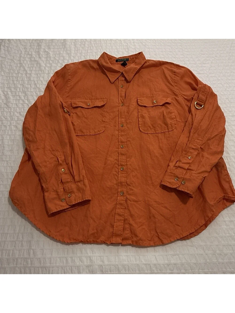 Lauren Ralph Lauren Orange Collared Button Up Shirt Sz 3X Linen Long Sleeve